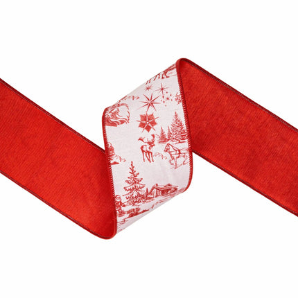 4-inch wired dupioni ribbon with red toile design, white background with classic holiday scenes and red backing