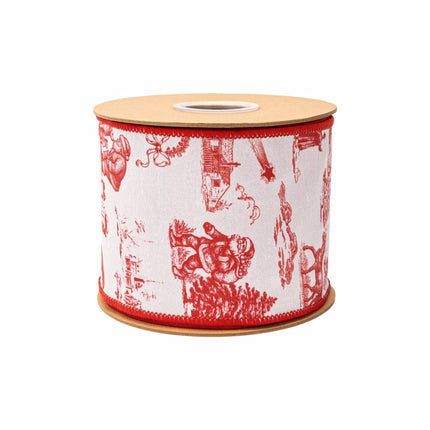 White ribbon with red toile Christmas scenes, featuring Santa, trees and village motifs with red reverse