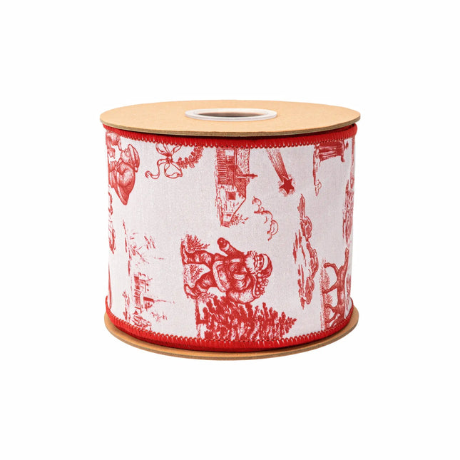 White ribbon with red toile Christmas scenes, featuring Santa, trees and village motifs with red reverse