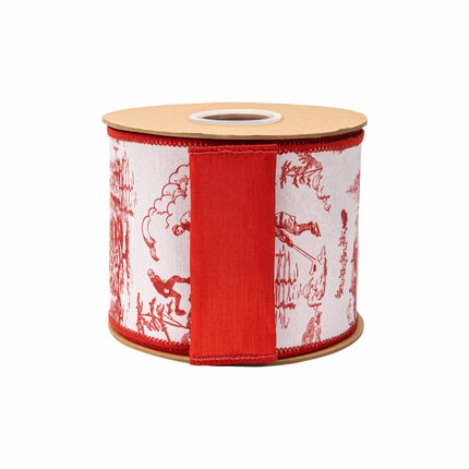 4" red and white toile dupioni ribbon, festive winter illustrations with matching red backing for wreaths