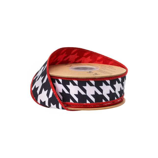 1 1/2" wired dupioni ribbon, bold black and white houndstooth print with red backing for statement decor