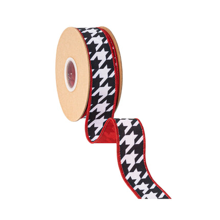 Modern houndstooth wired ribbon, black and white design with solid red backing for crafts