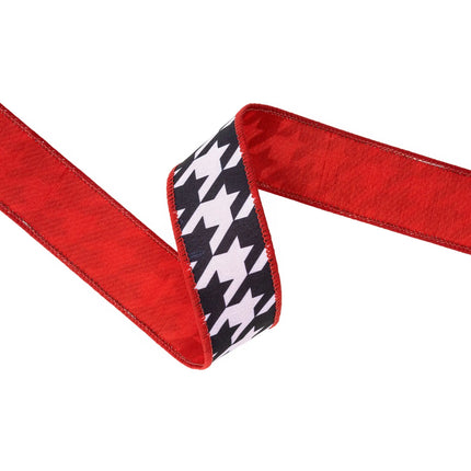 1 1/2" wired dupioni ribbon with houndstooth print, bold black-white pattern and red backing