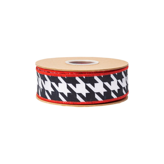 Black and white houndstooth wired ribbon, classic pattern with vibrant red reverse
