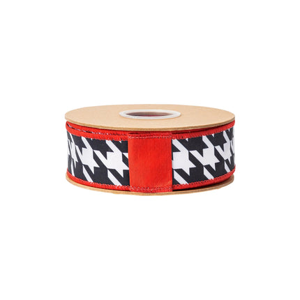 1 1/2" dupioni houndstooth ribbon, wired edge, high-contrast black-white check with matching red backing