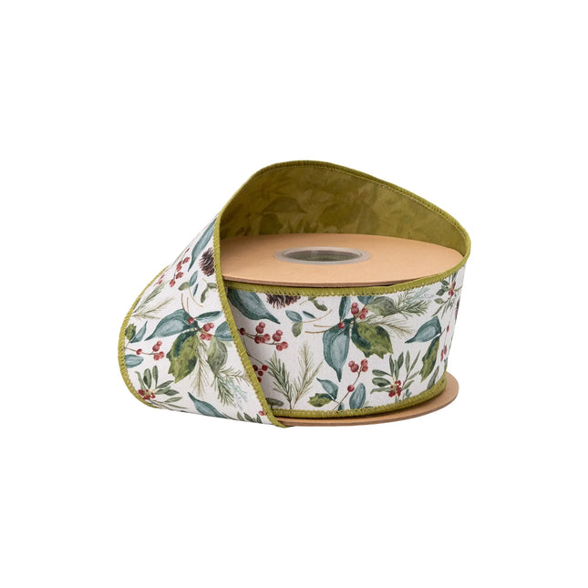 2 1/2" wired dupioni ribbon, Christmas floral and berry print on white with green backing for natural holiday decor