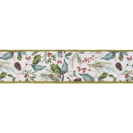 Festive evergreen and berry ribbon, dupioni fabric with green backing for rustic winter crafts
