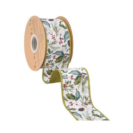 Botanical holiday wired ribbon, green leaves and red berries on white with solid green backing