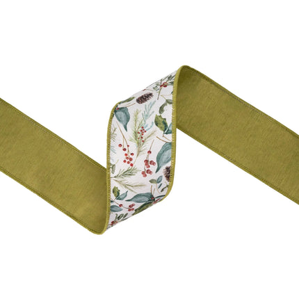 2 1/2" wired dupioni ribbon with Christmas floral and berry print, soft watercolor tones and green backing
