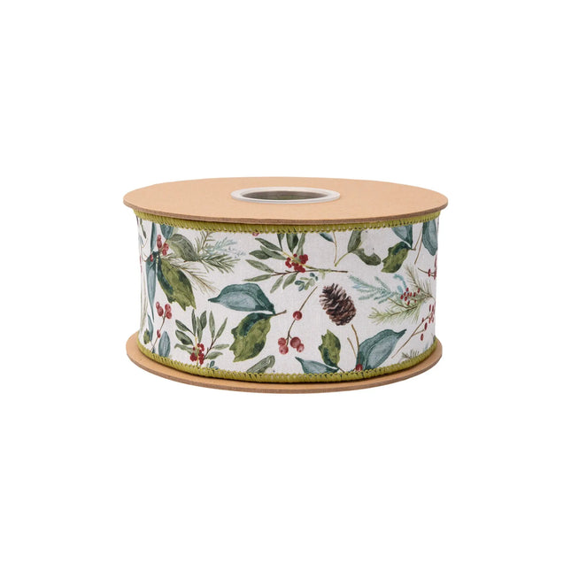 Greenery and berry wired ribbon,  featuring watercolor-style leaves, pinecones and red berries with green reverse