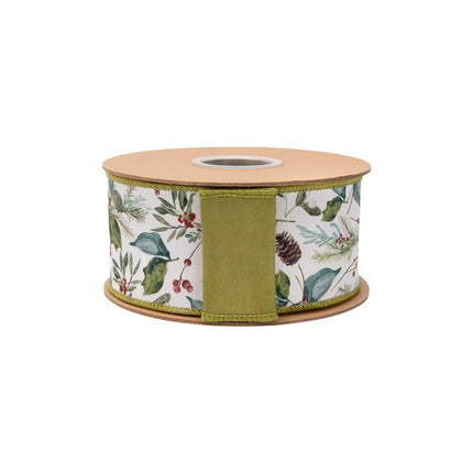 2 1/2" Christmas dupioni ribbon, white base with foliage and berry design and matching green backing