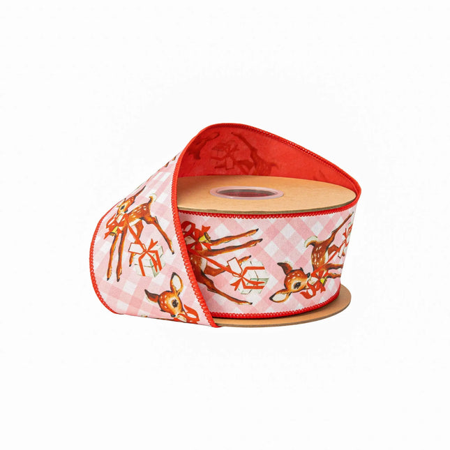 2 1/2" wired dupioni ribbon, retro deer print on pink check with red backing for whimsical holiday crafts