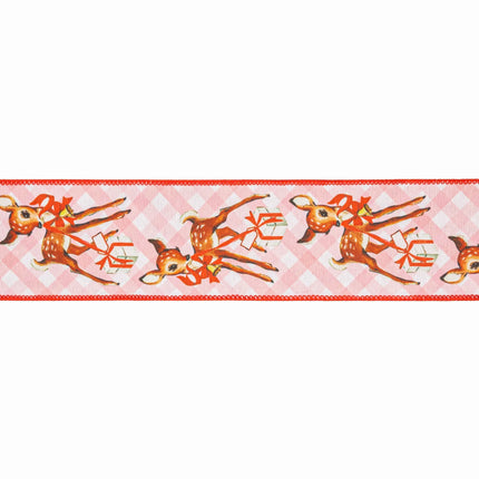 Whimsical pink gingham deer ribbon,dupioni fabric with red backing for nostalgic Christmas decor