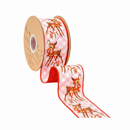 Vintage-style pink check deer ribbon, retro deer motifs on gingham with solid red backing