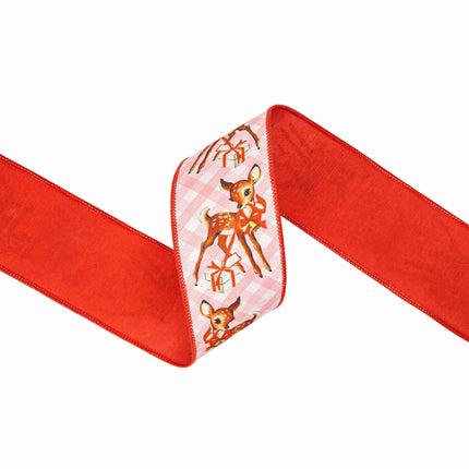 2 1/2" wired dupioni ribbon with retro deer print, pink check background and red backing for wreaths