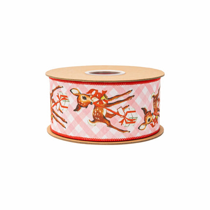 Pink checkered deer wired ribbon, featuring vintage fawns and gifts with red reverse