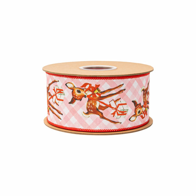 Pink checkered deer wired ribbon, featuring vintage fawns and gifts with red reverse