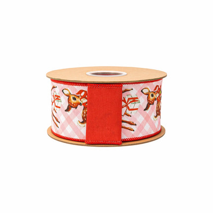 2 1/2" retro deer dupioni ribbon, pink gingham base with festive deer design and matching red backing