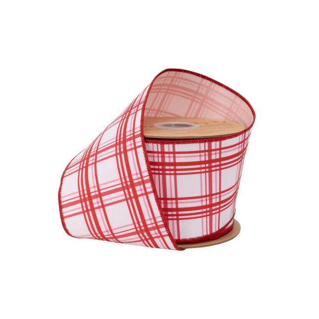 4" wired dupioni ribbon, pink and red retro plaid on white with pink backing for festive decor