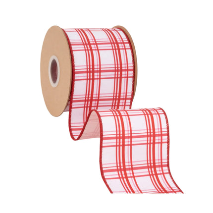 Vintage pink and red check wired ribbon, white base with retro plaid and solid pink backing