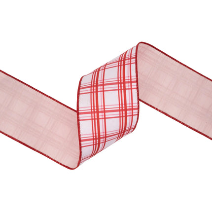 4" wired dupioni ribbon with pink and red retro plaid print, white background and pink backing