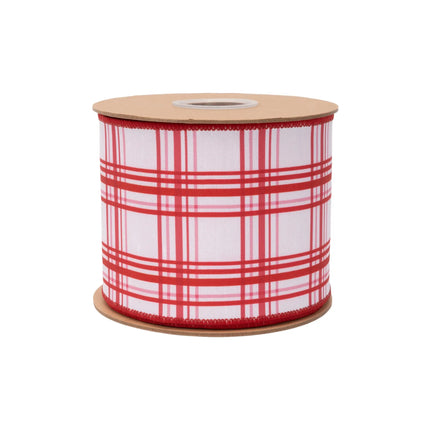 White ribbon with pink and red retro plaid, 4-inch width, featuring classic check pattern with pink reverse