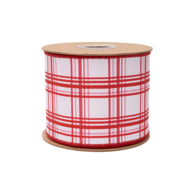White ribbon with pink and red retro plaid, 4-inch width, featuring classic check pattern with pink reverse