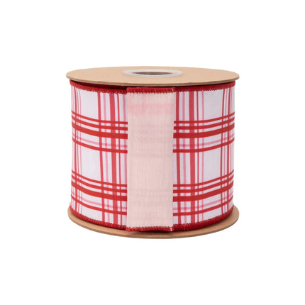 4" pink-red plaid dupioni ribbon, wired edge, retro tartan on white with matching pink backing