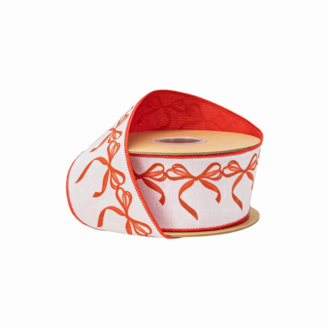 2 1/2" wired dupioni ribbon, red bow garland print on white with matching red backing for elegant crafts