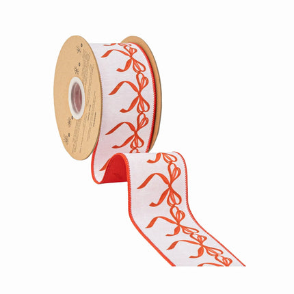 Festive red bow wired ribbon,  white base with hand-drawn bow garland and solid red backing