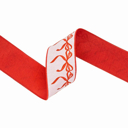 2 1/2" wired dupioni ribbon with red bow garland print, soft white background and red backing