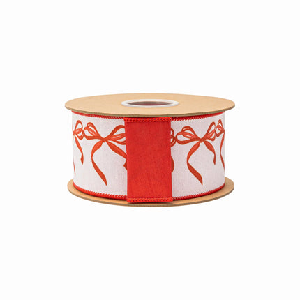 2 1/2" red bow garland dupioni ribbon, wired edge, whimsical bow design on white with red backing