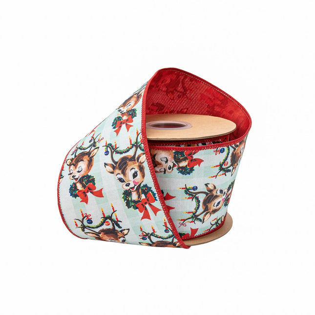 4" wired dupioni ribbon, retro reindeer print with wreaths on mint check with red backing for holiday decor