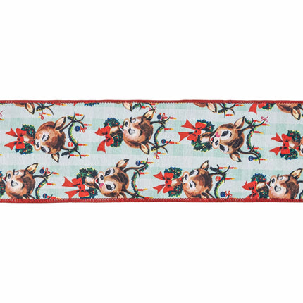 Nostalgic mint gingham reindeer ribbon,dupioni fabric with red backing for whimsical Christmas crafts