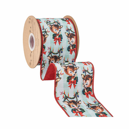 Vintage-style mint check reindeer ribbon, retro deer motifs with wreaths on gingham with solid red backing