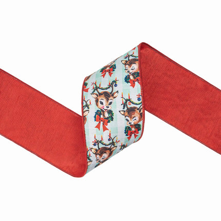 4" wired dupioni ribbon with retro reindeer print, mint check background and red backing for wreaths