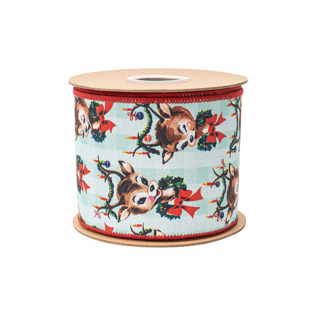 Mint checkered reindeer wired ribbon,featuring retro fawns with festive wreaths and red reverse