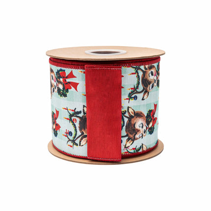 4" retro deer dupioni ribbon, mint plaid base with wreath-adorned reindeer design and matching red backing
