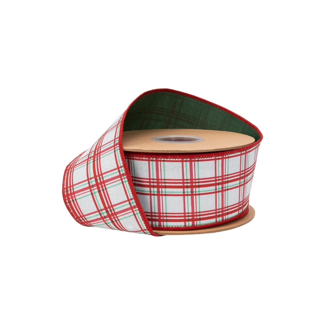 2 1/2" wired dupioni ribbon, red and green retro plaid on white with green backing for classic holiday decor