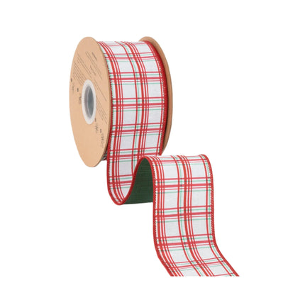 Vintage red and green check wired ribbon,white base with retro plaid and solid green backing