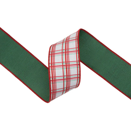 2.5" wired dupioni ribbon with red and green retro plaid print, white background and green backing