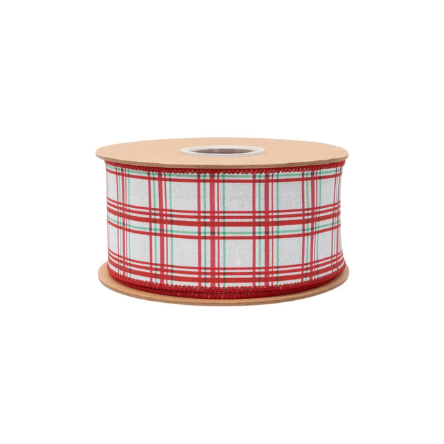 White ribbon with red and green retro plaid,  featuring festive check pattern with green reverse