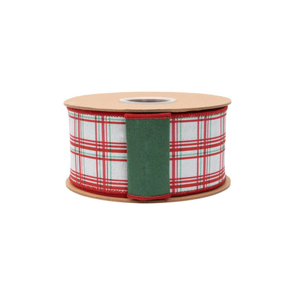 2 1/2" red-green plaid dupioni ribbon, wired edge, retro tartan on white with matching green backing