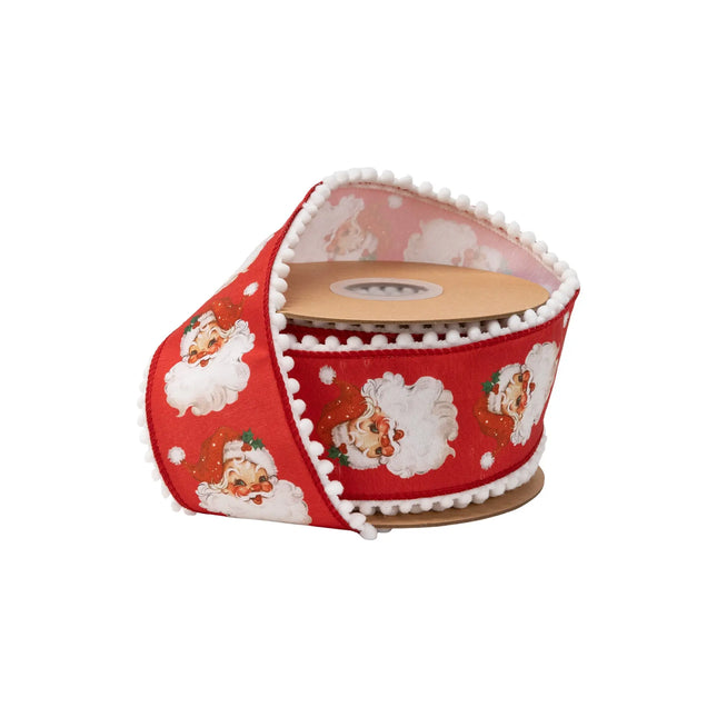 2 1/2" wired dupioni ribbon, retro Santa face print on red with pom pom edge and white backing