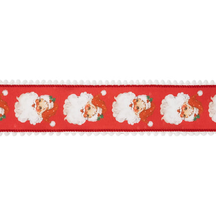 Whimsical red Santa ribbon, dupioni fabric with pom pom trim and white backing for charming Christmas crafts
