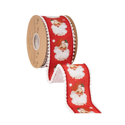 Festive vintage Santa wired ribbon, red background with retro Santa prints, pom pom trim and solid white backing