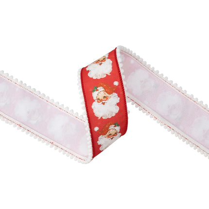2 1/2" wired dupioni ribbon with retro Santa face print, soft red tone, pom pom edge and white backing for wreaths