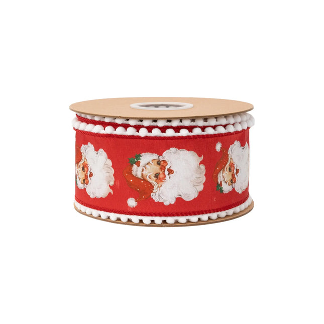 Red Santa face wired ribbon, featuring vintage Santa motifs with white pom pom trim and white reverse