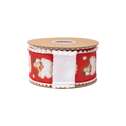 2 1/2" retro Santa dupioni ribbon, red base with classic Santa faces, pom pom edge and matching white backing