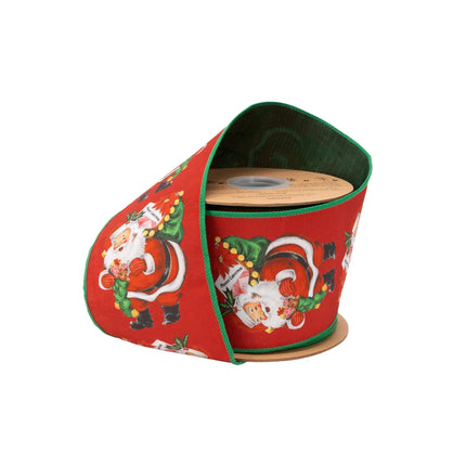4" wired dupioni ribbon, retro Santa with sack print on red with green backing for nostalgic holiday decor